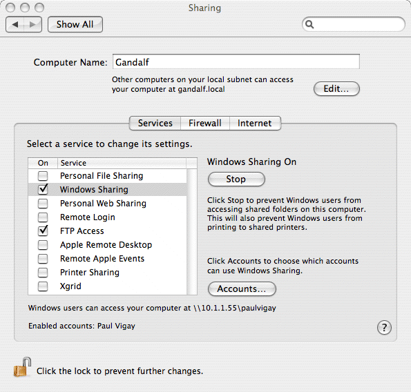 Mac OS X config file sharing panel